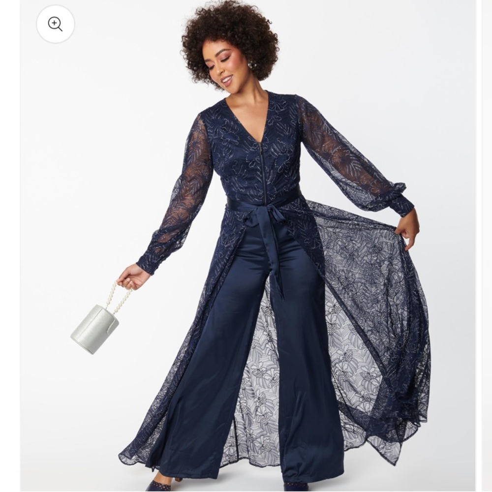 Unique Vintage Navy Sparkle Lace Jumpsuit & Skirt Overlay - L/10-12